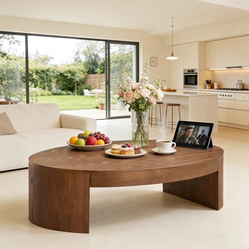 42.24” Modern Oval Coffee Table, MDF Center Table, Conference Table, Minimalist Accent Dinning Coffee Table for Living Room, Apartment,Office,Courtyard,No Assembly.(Walnut) - color: Walnut-f