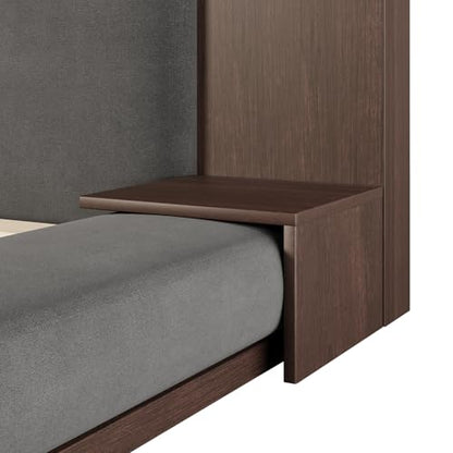 Velvet Upholstered Floor Platform Bed with Extended Wood Headboard & Bedside Shelves - No Box Spring Needed, Low Profile Bed Frame with Storage Space, Gray (King)