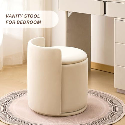 360° Swivel Makeup Chair with Storage, Upholstered Accent Stool with Back, Round Vanity Stool Ottoman for Living Room, Makeup Room, Bedroom (Cream) - color: Cream