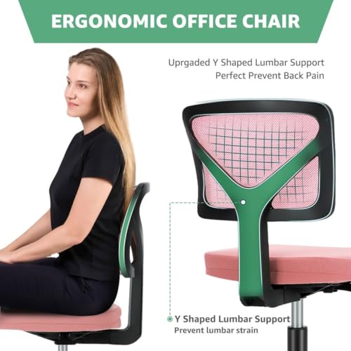 Armless Mesh Office Chair, Ergonomic Low Back Deskchair, Adjustable Rolling Task Computer Swivelchairs for Small Spaces Home Bedroom Study, Pink - color: Pink