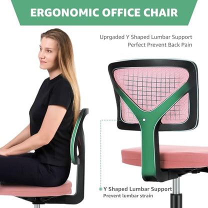 Armless Mesh Office Chair, Ergonomic Low Back Deskchair, Adjustable Rolling Task Computer Swivelchairs for Small Spaces Home Bedroom Study, Pink - color: Pink