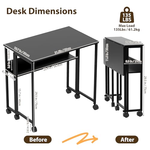Folding Desk Small Rolling Desk with Storage Shelf,31.5 Inch Foldable Computer Table with Wheels,Portable Office Desk for Small Space Sofa Table,Easy to Fold,Writing Work Office Computer Desk,Black - color: 31.5" Black