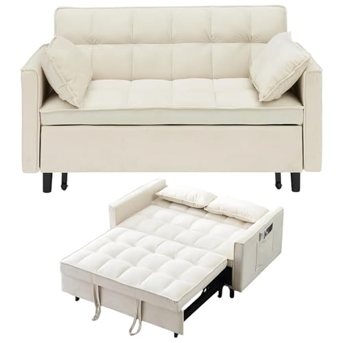 3 in 1 Convertible Sleeper Sofa Bed, Velvet Loveseat Futon Pull-Out Couch with Adjustable Reclining Backrest, Side Pockets and Pillows for Living Room, Bedroom, Apartment, Small Spaces (Beige-Velvet) - color: Beige-velvet