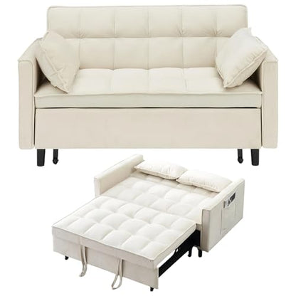 3 in 1 Convertible Sleeper Sofa Bed, Velvet Loveseat Futon Pull-Out Couch with Adjustable Reclining Backrest, Side Pockets and Pillows for Living Room, Bedroom, Apartment, Small Spaces (Beige-Velvet) - color: Beige-velvet