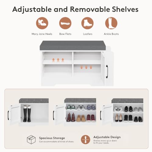 Farmhouse Shoe Storage Bench with 3-in-1 Entryway Storage & Padded Seat | 27.8" Wide Entryway Bench with Adjustable Shelves, Shoe Organizer & Side Storage Rack for Living Room, Bedroom, White - size: 27.8" Wide