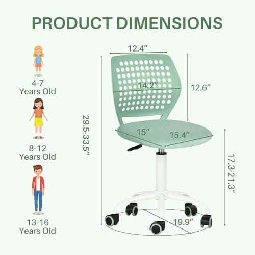 FurnitureR Armless Desk Chair with Wheels, Ergonomic Adjustable Height Swivel Task Chair with Breathable Back and Padded Seat, Rolling Study Computer Seating for Kids Teens, Mint Green - color: Mint Green