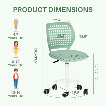 FurnitureR Armless Desk Chair with Wheels, Ergonomic Adjustable Height Swivel Task Chair with Breathable Back and Padded Seat, Rolling Study Computer Seating for Kids Teens, Mint Green - color: Mint Green