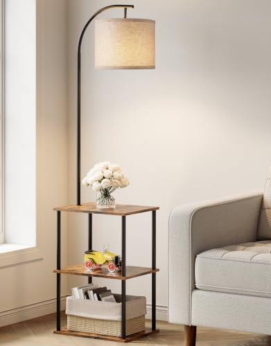 Floor Lamp with Table, Night Stand with Lamp, Narrow Side Table with 3CCT LED Bulb, Small Coffee Table, Modern End Table with Storage Shelves for Living Room Bedroom Home Décor - color: Rustic Brown