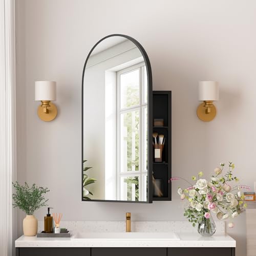 Medicine Cabinets for Bathroom, Black Arched Medicine Cabinet Recessed or Surface Wall-Mounted,Modern Bathroom Vanity Mirror with Storage, Mirrored Cabinet with Adjustable Shelves,16x31 Inch - color: Black, size: 16*31inch