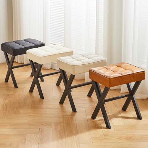 IBUYKE Square Makeup Stool with X-Leg, PU Vanity Chair, Light Brown LG-71J | Footrest Ottoman Seat Multi-Use Small Side Table Bedroom Living Room - color: Light Brown, size: 17.72"-Leather