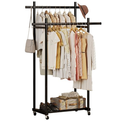 Lutown-Teen Metal Clothes Rack with Lockable Wheels, Double Rods, Black | Clothing Rack Heavy Duty with Storage Rods, 150 LB Capacity Garment Rack, Easy Assembly - color: Black, size: Double Rods