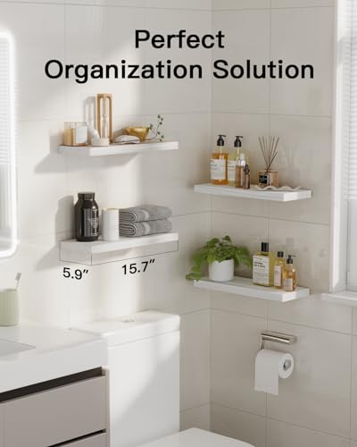 Amada Paulownia Wood Floating Shelves for Wall, Set of 4, White | Wall Shelves with Solid Metal Concealed Brackets, 22 lbs Capacity per Shelf, Includes Drilling Template, Flexible 4-Piece Set - color: White, size: 4