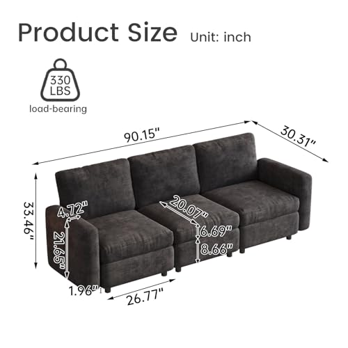 Miuuod 3-Seat Modular Sofa Couch Grey with Ergonomic Cushions, Convertible Sleeper Sectional for Living Room Bedroom Apartment, Cloud Futon Lounge Furniture Set for Small Spaces - color: Grey, style: 3 Seats（3 Seats only）