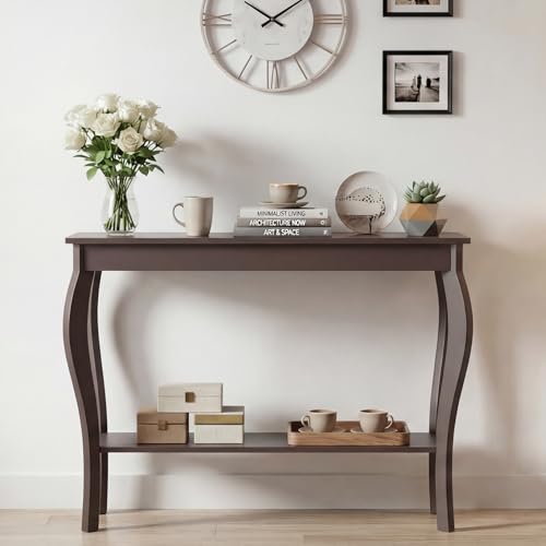 ChooChoo 39" Narrow Entryway Table with Storage Shelf, Espresso | Console Table with Curved Legs, Chic Accent Sofa Table with Shelves for Entryway, Living Room, Hallway - color: Espresso