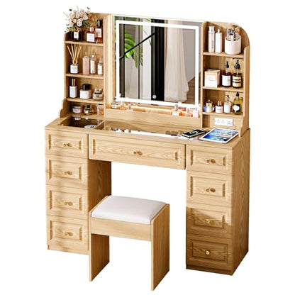Arulvmrn 43" Makeup Vanity Desk with Mirror and Lights, & Power Outl, Glass Top Big Vanity Table with 9 Drawers& 8 Storage Shelves, Dressing Table Set with Chair for Bedroom, Wood - color: Wood