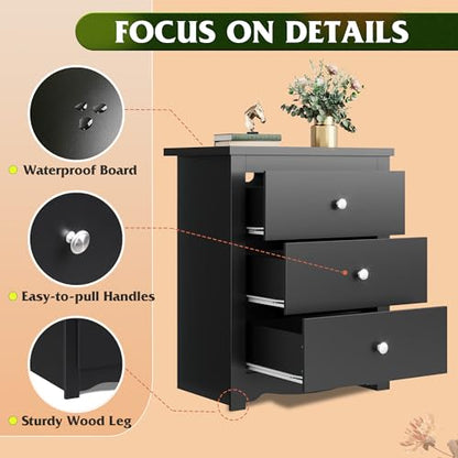 WLIVE Tall Nightstand with Charging Station, Wood Bedside Table, Black | 3 Drawers Storage, Power Outlets(2AC+2USB), Easy Assembly, Premium Eco-friendly Wood, Black Night Stand for Bedroom - color: Black