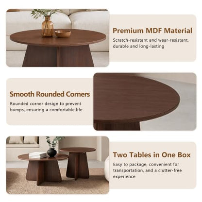 Nesting Coffee Table Set of 2, Round Wooden Coffee & Side Tables with Tapered Base, Walnut Finish, Mid-Century Modern Accent Furniture for Living Room Bedroom, Space-Saving Design - color: Walnut, size: Nesting Coffee Table Set