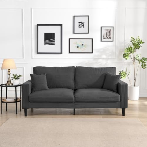 74" Dark Gray Three Seater Sofa Couch, High Resilience Upholstered Comfy Sofas with 2 Pillows Sturdy Wooden Frame Space Saving Modern Sofa Living Room Bedroom Apartment Small Space (Dark Gray, 3 Seat) - color: Dark Gray, size: 3 Seat