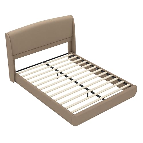RuiSiSi Queen Size Upholstered Bed with Wingback Headboard, Low Profile Linen Fabric Platform Bed Frame, Strong Wood Slats, No Box Spring Needed, Easy Assembly, Brown - color: Brown