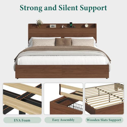 King Size Bed Frame with Storage Headboard & 2 Drawers, Mid-Century Modern Platform Bed with Charging Station & Shelf, Wooden Slat Support, No Box Spring Needed (King (U.S. Standard)) - size: King (U.S. Standard)