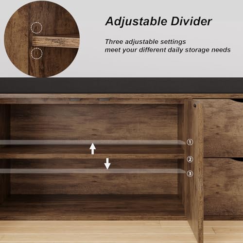 LVB Entryway Shoe Bench, Rustic Storage Bench with Cushioned Seating | Long Hidden Shoe Storage Bench with 2 Drawers, Industrial Wooden Shoe Benchs in Hallway Living Room Bedroom, Rustic Brown - color: Rustic Brown