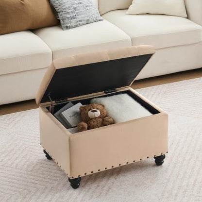 Zihanhome Velvet Storage Ottoman Bench, Button Tufted Ottoman with Hidden Storage, Upholstered Foot Rest Stool with Solid Wood Legs for Living Room, Bedroom, Entryway & Small Spaces (Khaki) - color: Velvet-khaki