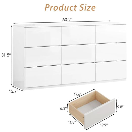 High Gloss Dresser for Bedroom, 60.2" Wide 9 Drawer Dresser, White | Modern Dresser Chest of Drawers, Handle-less Design, High Gloss Panel, Dresser TV Stand, Wooden Dressers for Bedroom, Closet - color: White, size: 15.7"D x 60.2"W x 31.5"H (9 Drawers)