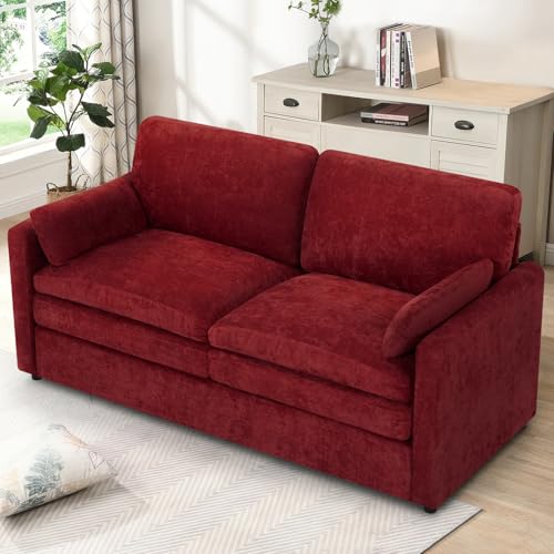 69" Chenille 2 Seats Sofa with 2 Pillows, Red | Modern Upholstered Sofa with Deeper Seats, Comfy Sofa with Thickened Cushions for Living Room, Apartment - color: Red, size: Loveseat