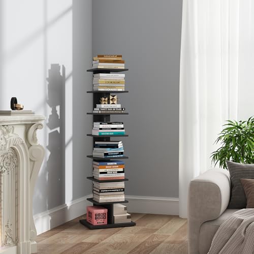 TUTOTAK Book Shelf, Narrow Spine Bookshelf, 8-Tier Bookcase for Small Space | 10.4 x 13.4 x 47.5 Inches Vertical Freestanding Corner Shelf for Living Room, Office, Study, Entryway, Black BS06BK008 - color: Black, size: 8 Tier