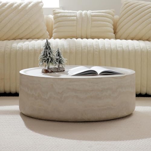 31.49" Round Coffee Table Faux Marble for Living Room, Travertine Stone Pattern Modern Drum Circle Round Center Table for Living Room, Apartment, Office, Fiberglass, No Assembly, Beige - size: 31.49x31.49x12