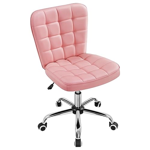 Yaheetech Pink Tufted Armless Office Desk Chair with Wheels, Faux Leather | Thick foam cushioned seat tilts back to relax, lifts 18-22 in, spins 360 degrees, holds 300 lb, and assembles with ease. - color: Pink