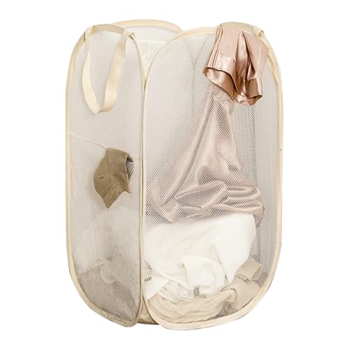 Pop Up Laundry Basket Folding Laundry Hamper Mesh Hamper Storage Bin | Beige Collapsible Laundry Basket Side Pocket Foldable Space Saving Laundry Bag for College Dorms, Travelling, Cruise, Camping - color: Beige
