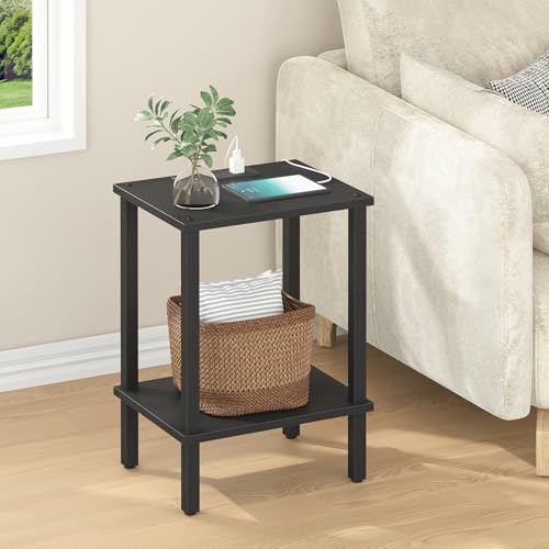 TUTOTAK End Table with Charging Station, Side Table Set of 2, Nightstand | 2-Tier Storage Shelf, Bedside Table with USB Ports, Sofa Table for Small Space, Livingroom, Bedroom Black TB01BK041 - color: Black