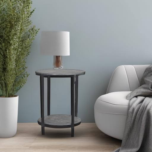 Household Essentials Jamestown Round Side End Table with Storage Shelf Rustic Slate Concrete and Black Metal - color: Slate