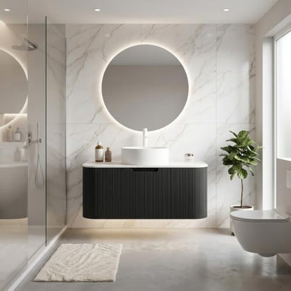 30" Floating Bathroom Vanity with Sink, Wall Mounted Plywood Cabinet, Black Fluted Front, Sintered Stone Countertop, White Round Ceramic Vessel Sink, Soft-Close Drawer, Pre-Assembled - color: Black Cabinet / White Sink, size: 30 Inch