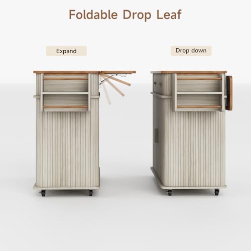 56" Kitchen Island on Wheels with Drop Leaf Countertop, Large Mobile Island Table with 2 Drawers and Spice Rack and Tower Rack, Mid-Century Modern Island Cart w/Storage for Kitchen, Off White - color: Off White