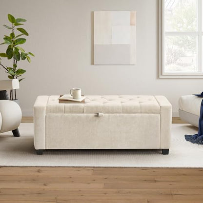 SUNWAVE Storage Ottoman Bench, Linen Fabric Ottoman with Storage | Button Tufted, Safety Hinge Lid, Large Ottoman for Bedroom, Living Room & Entryway