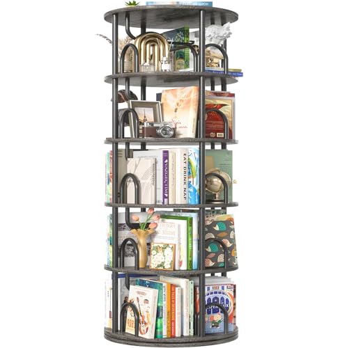 Aheaplus 5 Tier Rotating Bookshelf Tower, 360 Display Spinning Bookcase, Revolving Round Book Shelf Narrow Swivel Bookshelf, Vertical Turning Corner Book Organizer for Small Space, Black Oak - color: Black Oak, size: 5 Tier, 63" H