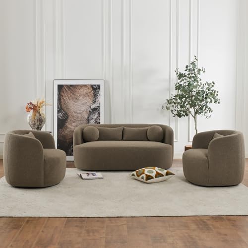 KINWELL 68" Boucle Upholstered Loveseat with 4 Toss Pillows, Teddy Brown | No Assembly Deeper 2-Seater Sherpa Couch Settee Love Seat Sofa with 3 Height Options for Small Spaces Apartment Living Room - color: Teddy Brown, size: Loveseat
