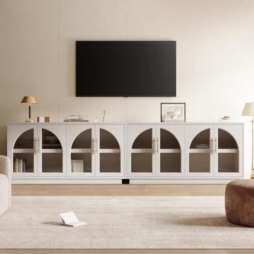 Fatmok 59" Arched Glass Sideboard Buffet Display Cabinet,White Oak | Adjustable Shelves,for Curio,Collectible,Mid-Century Modern,Soft Close Hinges,FSC Wood,Dining/Living Room - color: B-white Wood Grain