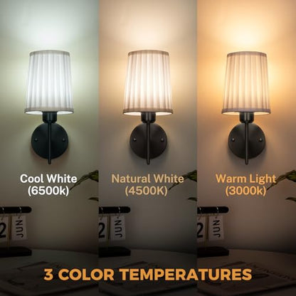 Battery Operated Wall Sconce Set of 2, Rechargeable Wall Sconces with 10000mAh Dimming Magnetic Bulb, Wireless Battery Powered Wall Lights with Pleated for Bedroom Living Room Gallery Hallway,Black - color: Black-White