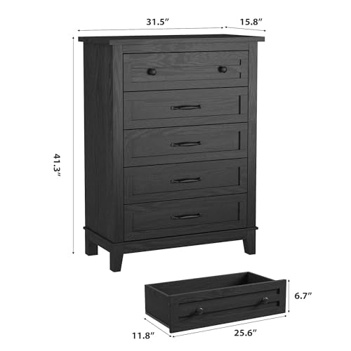 GarveeHome 5 Dresser for Bedroom, 41.3 in Tall Vertical Drawer Dresser with Large Storage, Freestanding Wooden Closet Chest for Bedroom, Living Room, Black - color: Dark Black, size: 15.8"D x 31.5"W x 41.3"H (5 Drawers)