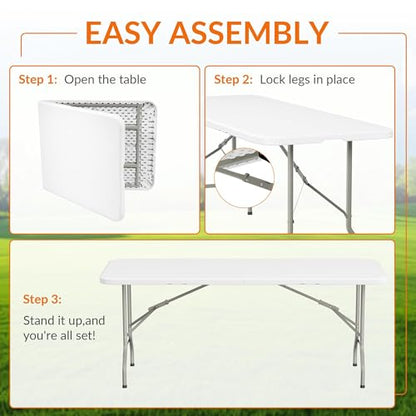 Elevon 6 Feet Heavy Duty Folding Table with Adjustable Height, Fold-in-Half Portable Table for Indoor Outdoor Use - Camping, Picnic, Party, Wedding, Dining, Utility Table - size: 6 feet