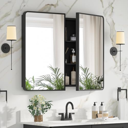 Bathroom Medicine Cabinet with Mirror 24 x 30 Inch, Black Medicine Cabinet Recessed or Surface Wall-Mounted, Mirrored Cabinets with Sturdy Metal Adjustable Shelves for Bathroom Vanity - color: Black, size: 24*30inch