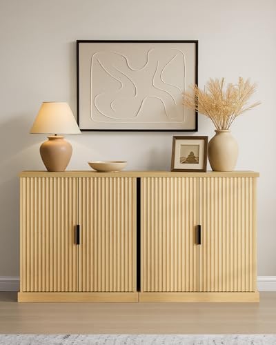 VASAGLE MAXE Collection - Buffet Cabinet Set of 2, Fluted Console Cabinet, Sideboard with Adjustable Shelf, Mid Century Modern Buffet Table, 15.8 x 29.9 x 31.5 Inches, Oak Beige UZH2505001 - color: Oak Beige, size: 29.9"W, style: 2 Pack