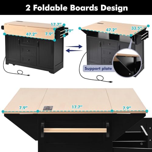 Kitchen Island with 2 Drop Leaf, Home Cart Island on Wheels Foldable Dining Table with Power Outlets,3 Drawers,Storage Cabinet, Tower Rack(Black) - color: Black