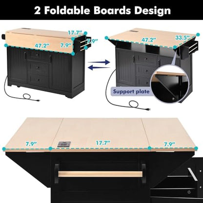 Kitchen Island with 2 Drop Leaf, Home Cart Island on Wheels Foldable Dining Table with Power Outlets,3 Drawers,Storage Cabinet, Tower Rack(Black) - color: Black