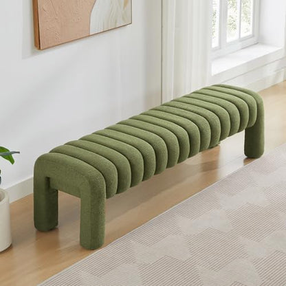 63” Dining Room Bench, Green Tufted Upholstered End of Bed Bench, Modern Entryway Ottoman Window Seat with Solid Wood Legs and Padded Seat for Bedroom, Hallway and Living Room (Boucle) - color: Green Boucle, size: 63"