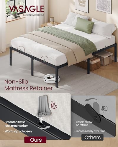 VASAGLE Queen Metal Bed Frame 18 Inches Tall, 1100 lb Weight Capacity, No Box Spring Needed, with Under-Bed Storage, Easy Setup, Heavy-Duty Platform Bed, Mattress Retainers, Matte Black URMB671BD02S - size: Queen, style: 18 Inch