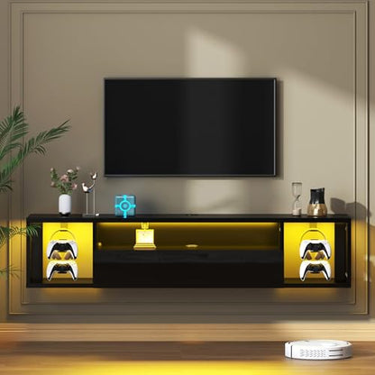 DlandHome 55.1" W Floating TV Stand with LED, Wooden Entertainment Center | Wall Mounted TV Shelf for 50/55/60/65" TV, Media Console with Storage Shelves, Floating Entertainment Center, Black - size: 55.1'' Black